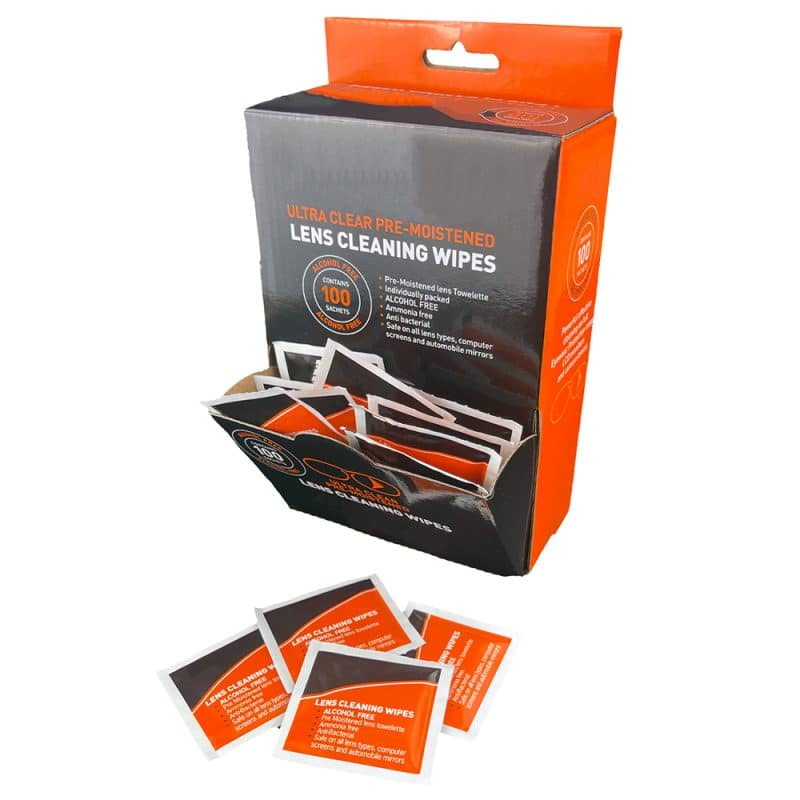Open-front box with black and orange packaging containing mini lens wipes, set against a white background.