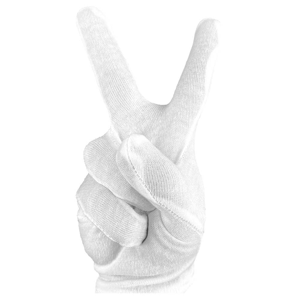 A hand in a white cotton glove, showing a peace sign