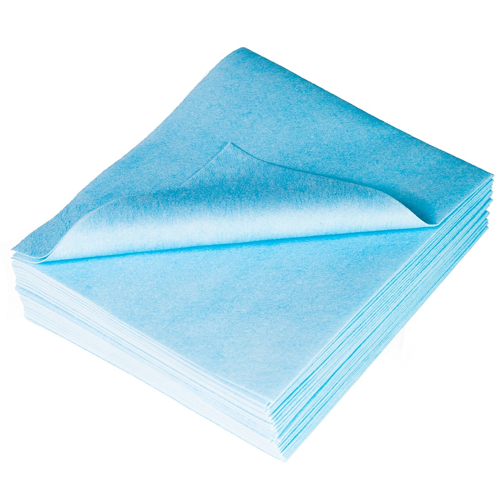 A stack of blue MicroMax wipes, with the top wipe corner curved upward, neatly piled up together.