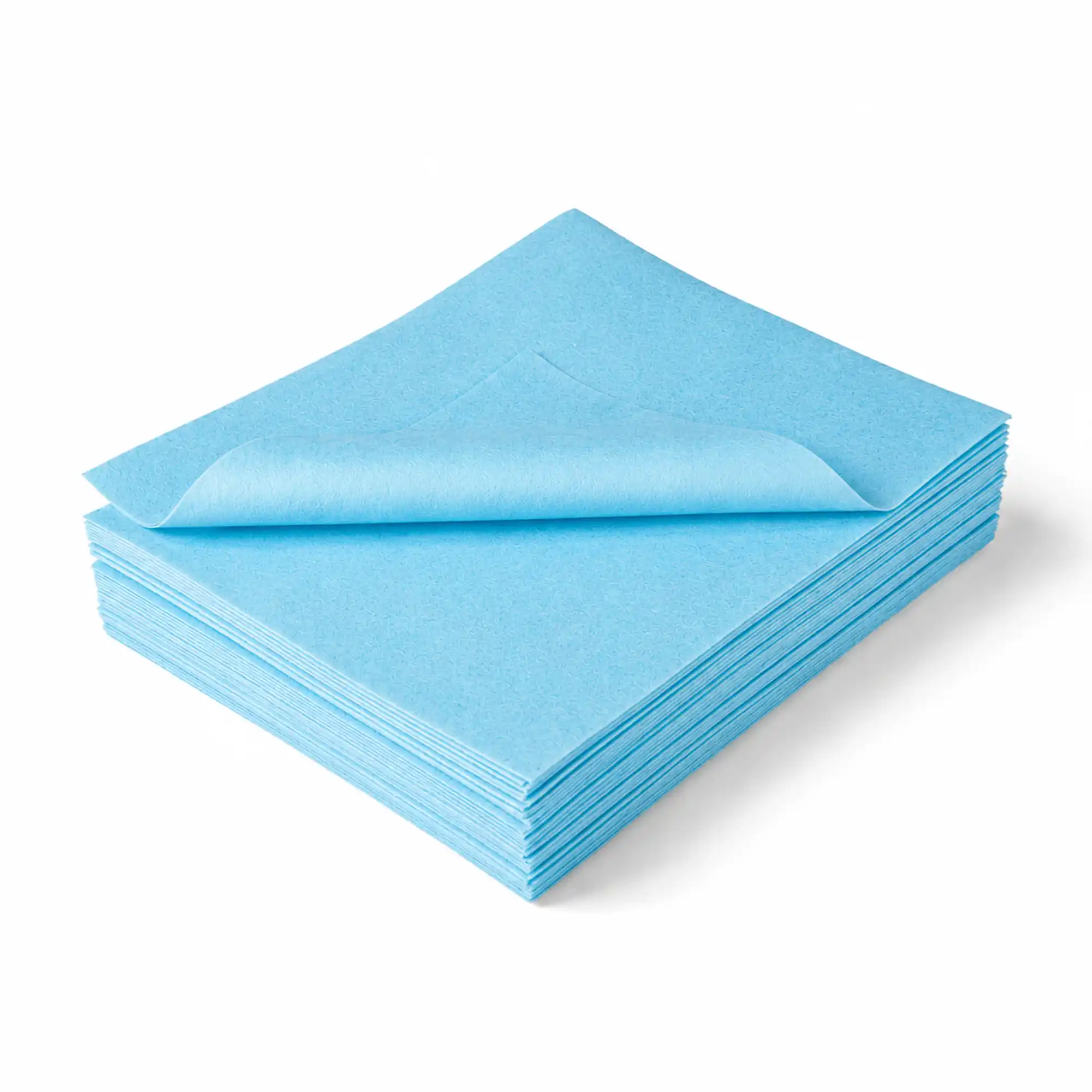 Lint-Free-MicroMAX-Wipes A stack of blue Lint Free Microfibre Wipes, with the top wipe corner curved upward, neatly piled up together.