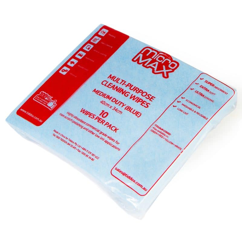 Blue MicroMax wipe in a clear plastic wrapping with red printing on it against a plain background