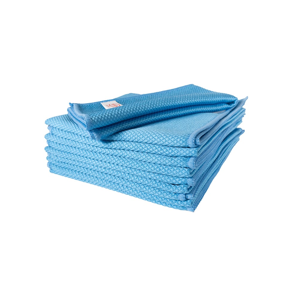 Blue microfiber cloth with a slightly tilted top, presented against a pristine white background.