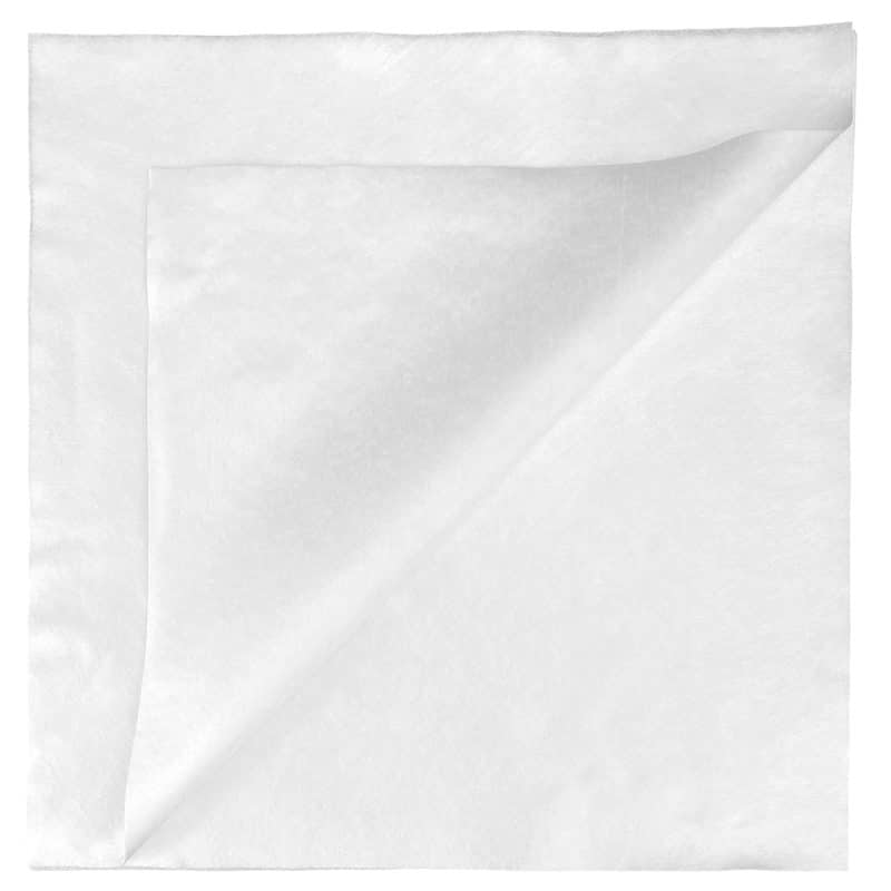 Top view of a white LintNIL wipe stack with the top wipe folded over to the left