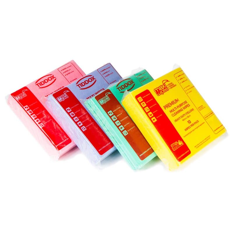 Four colorful Maxi Wipes: blue, green, yellow, and red, arranged neatly in a set.
