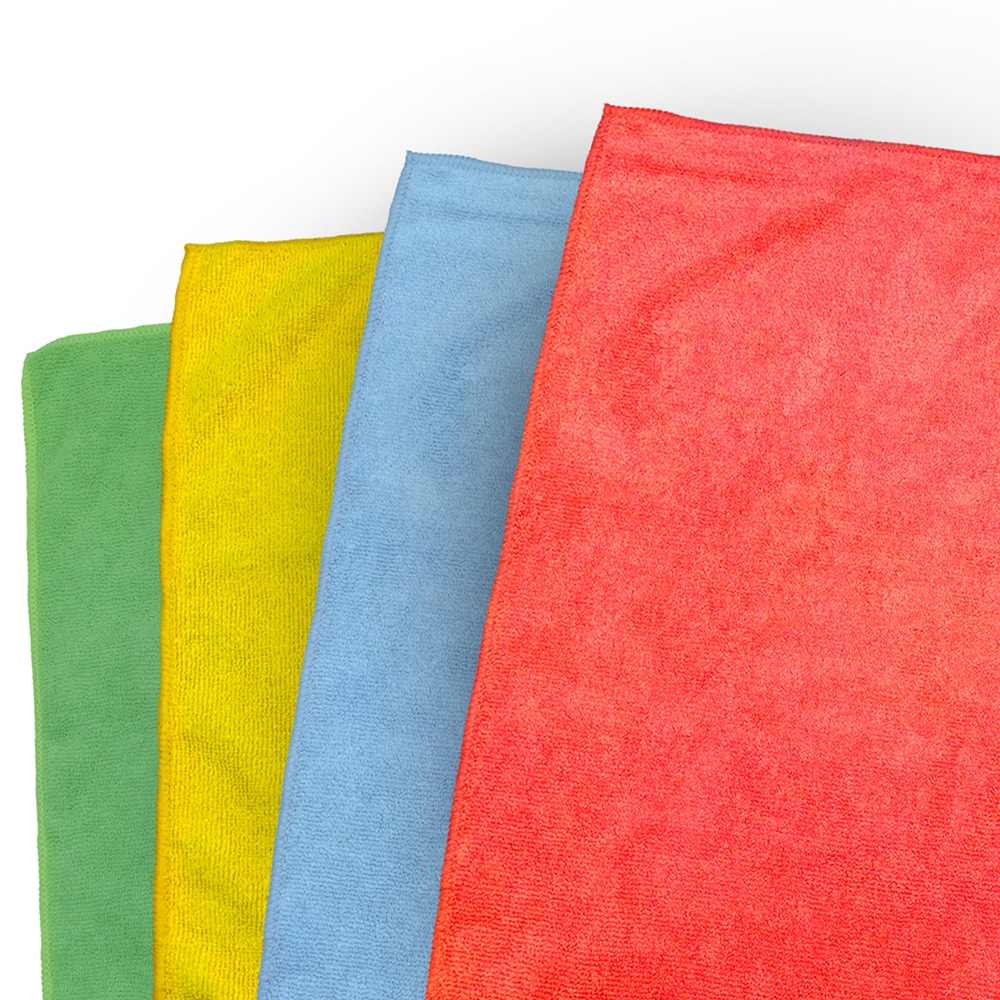 A set of four TIDDOX microfibre cleaning cloths, each in a different color, on a white backdrop