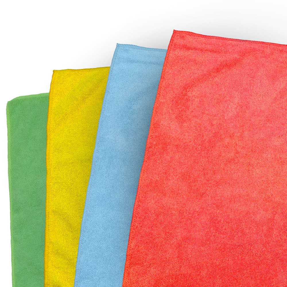 A set of four vibrant microfiber cloths, each in a different color. on a white backdrop