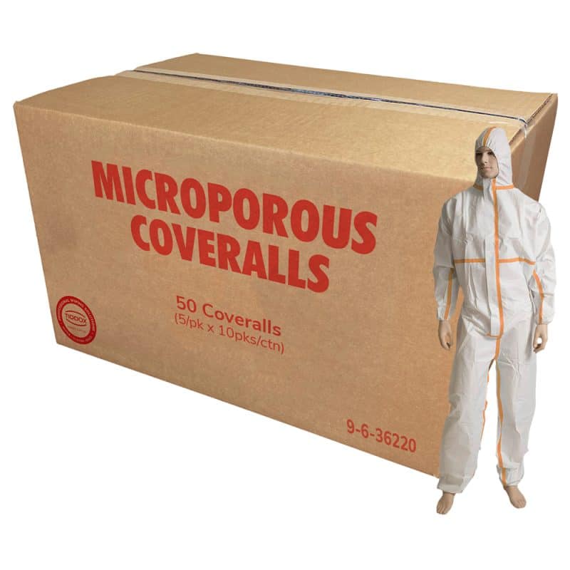 Mannequin in White with yellow stripped coveralls , with a cardboard box in proportion behind it with bold red writing