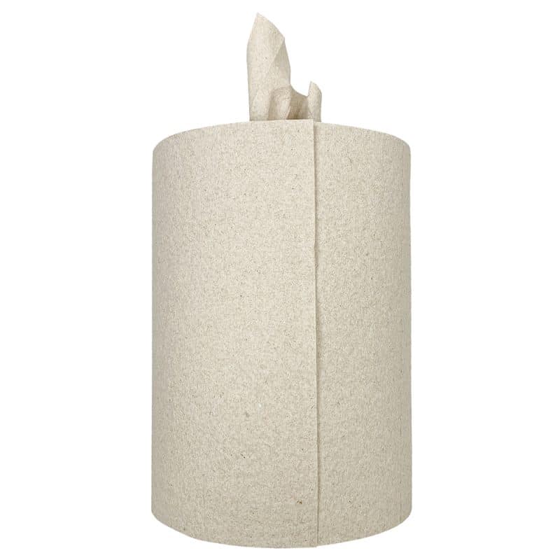Vertical stack of beige rolls with a wipe protruding from the middle side view