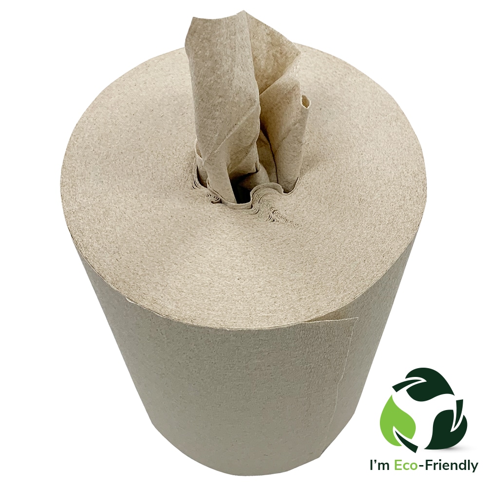 Vertical stacked of beige roll with a wipe protruding from the middle.