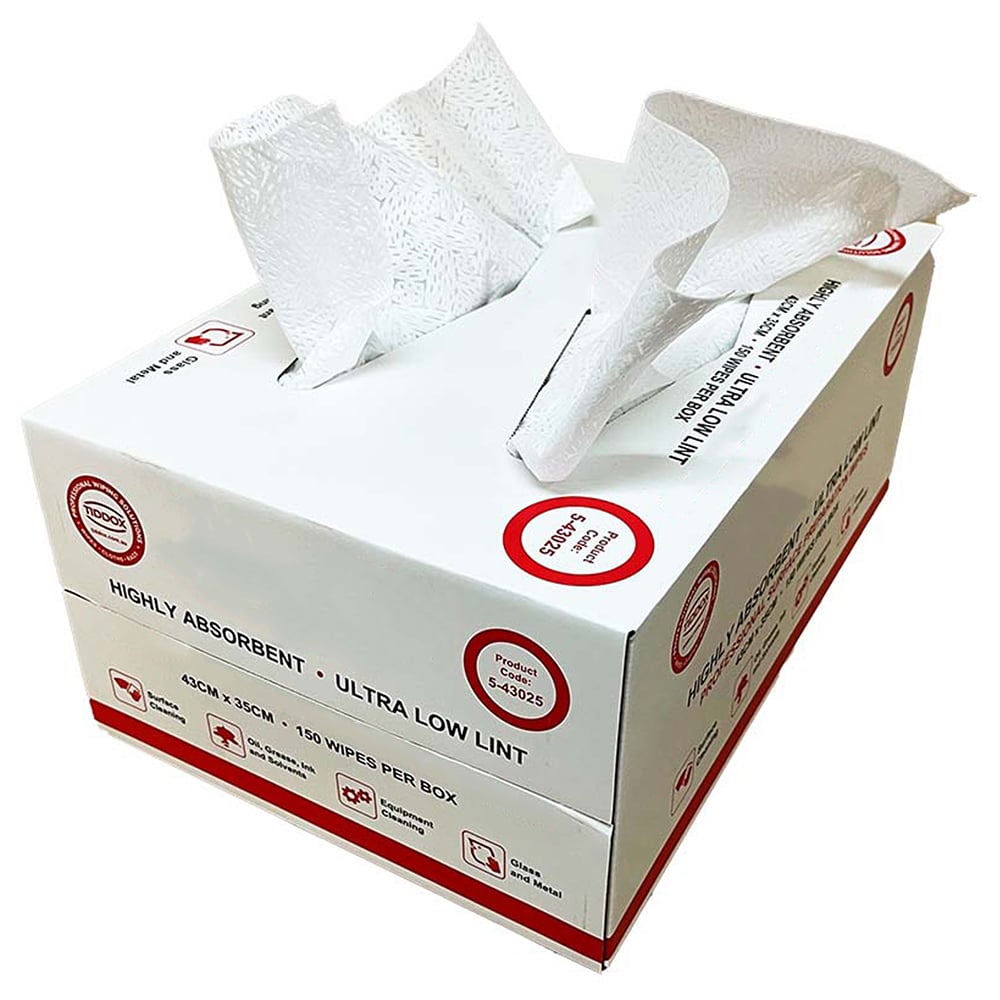 White carry-sized box of disposable wipes with red and black writing and two sheets sticking out the top