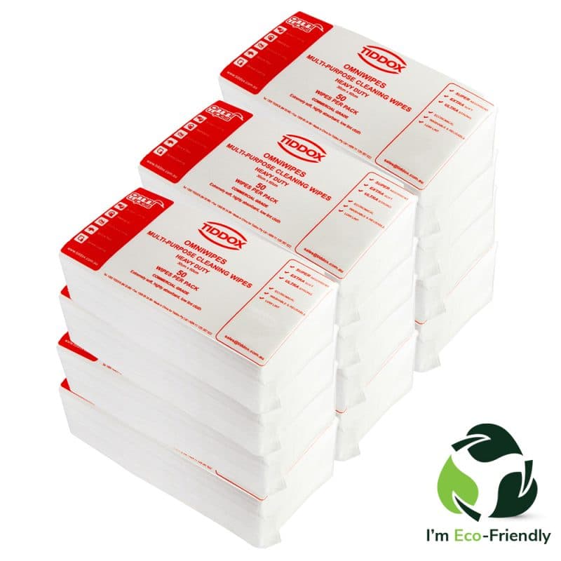 Packs of wipes stack four high and three long with red writing on a plain background
