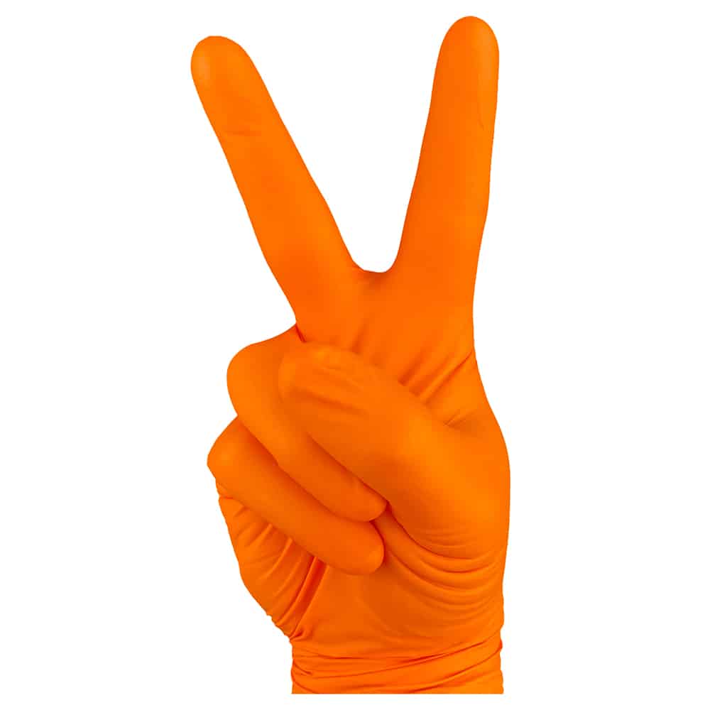 A hand showing peace sign in a Orange nitrile glove