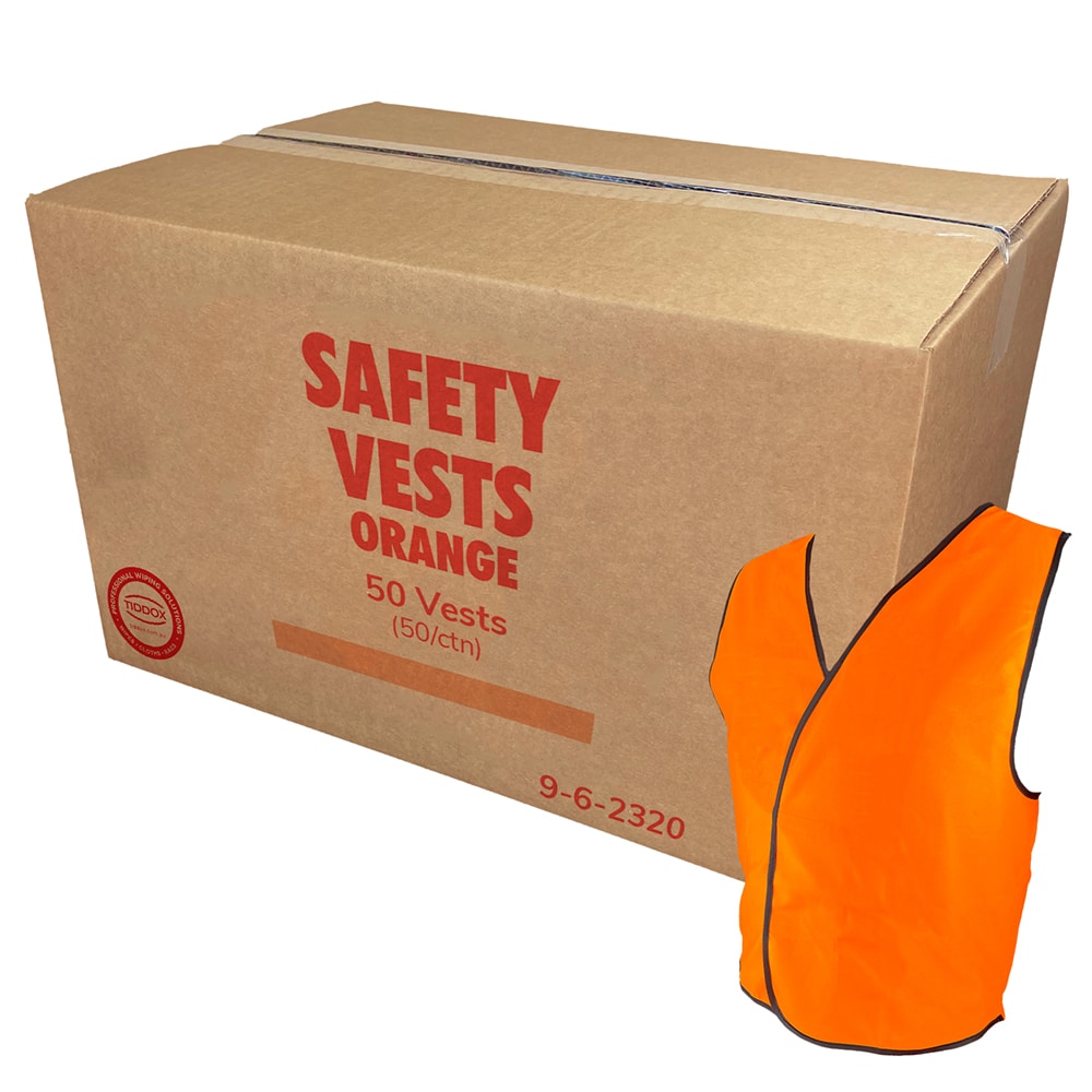 Bright orange safety vest placed beside a cardboard box with bold red text.