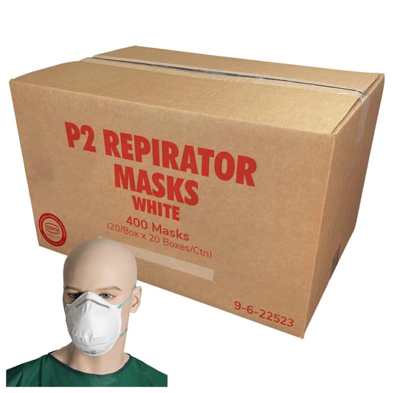 a mannequin wearing a respirator mask next to a carton box, with red writing saying P2 respirator masks