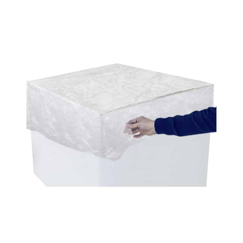 Arm placing a clear cover on top the box on the corner