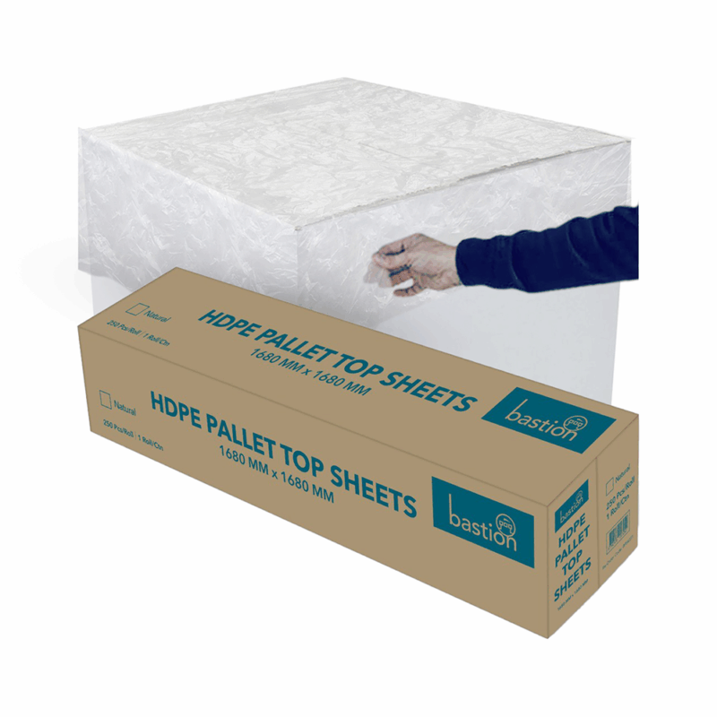 TIDDOX carton of pallet covers in front of a pallet cover with an arm.