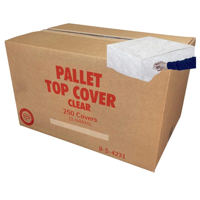 Red writing saying "pallet top cover" on a cardboard box with arms placing a clear cover on top the box on the corner