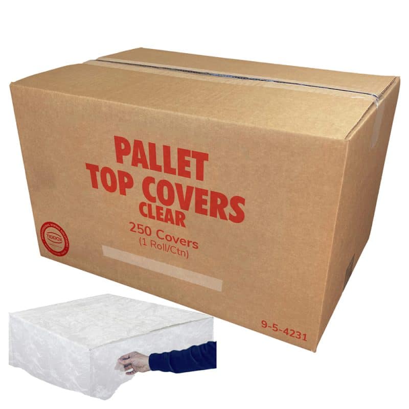 Red writing saying "pallet top covers" on a cardboard box with arms placing a clear cover on top the box on the corner