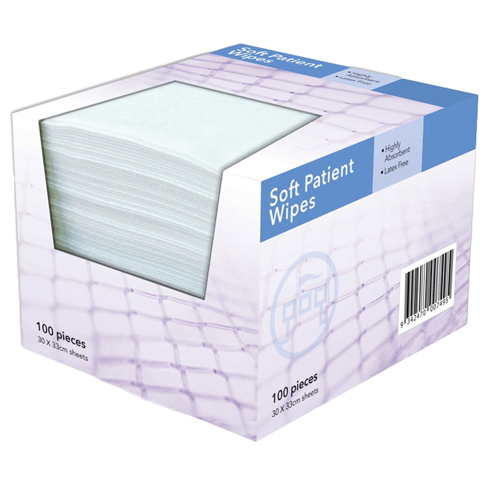 Pink and blue box of wipes with the wipes displayed inside on a white background