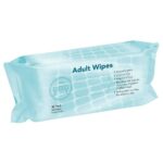 Light blue personal hygiene wipes package on a white backdrop