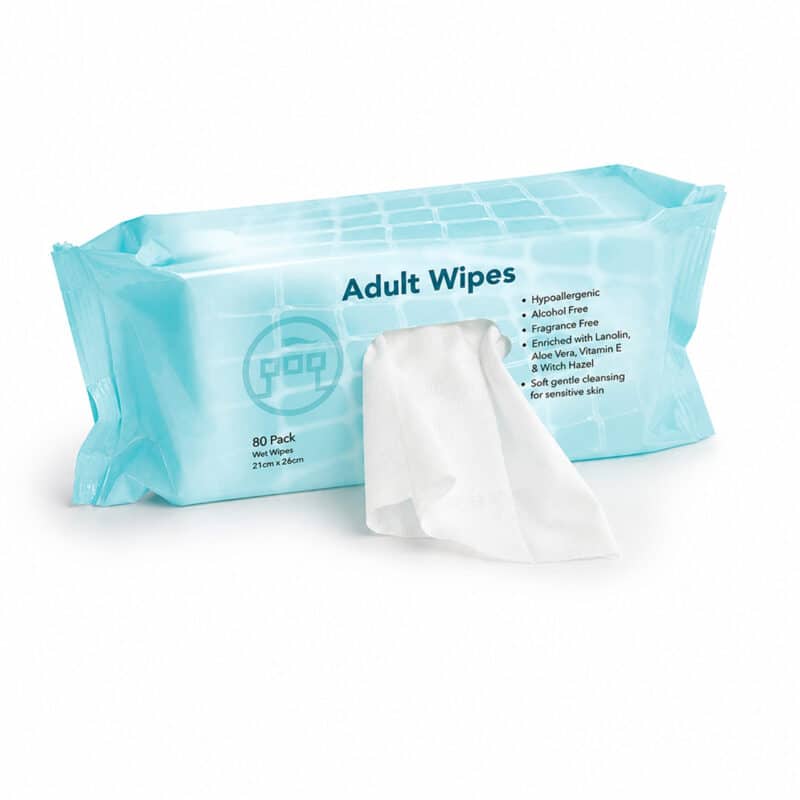 Light blue personal hygiene wipes package on a white backdrop