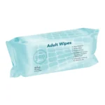 Light blue personal hygiene wipes package on a white backdrop