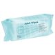 Light blue personal hygiene wipes package on a white backdrop