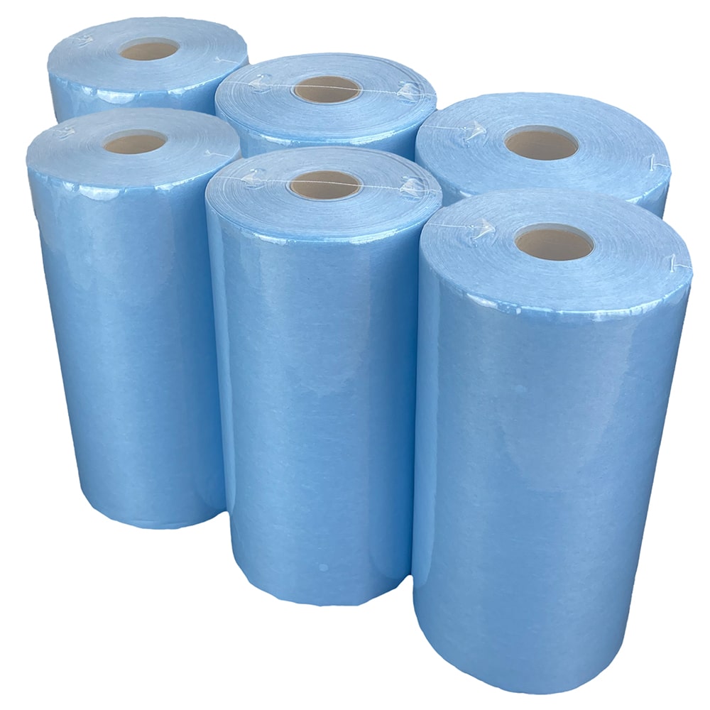 Six blue cellulose rolls upright on a white background