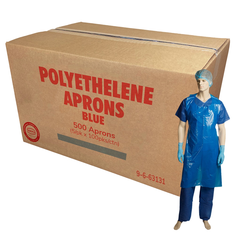 A carton box of, with red writing and a mannequin demonstrating the Polyethelene Apron