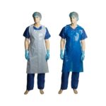 Disposable blue and white polyethylene aprons on mannequines