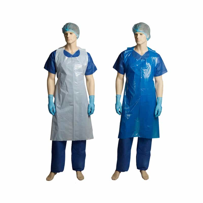 Disposable blue and white polyethylene aprons on mannequines