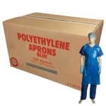 A carton box of, with red writing and a mannequin demonstrating the Polyethylene Aprons