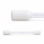Two images of a double headed foam cleaning swabs. One close up and the other showing the entire swab on a white background.