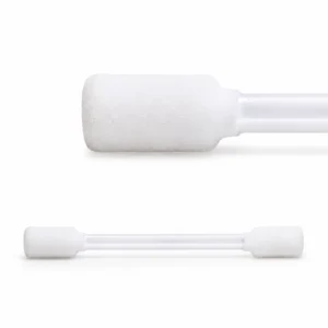 Two images of a double headed foam cleaning swabs. One close up and the other showing the entire swab on a white background.