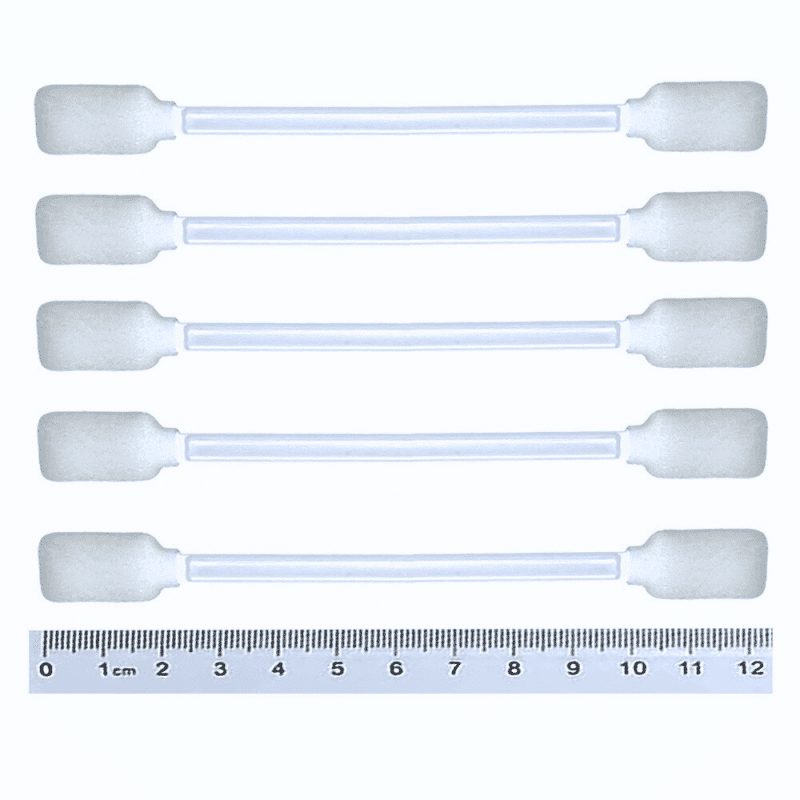 5 foam swabs with double head on a white background. Ruler shown to display the length of the swab.