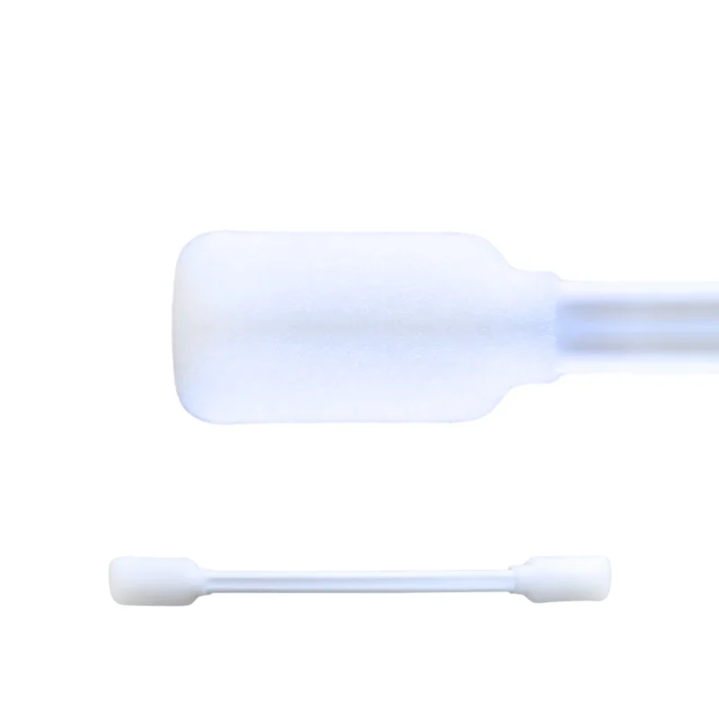 Two images of a double headed foam cleaning swabs. One close up and the other showing the entire swab on a white background.