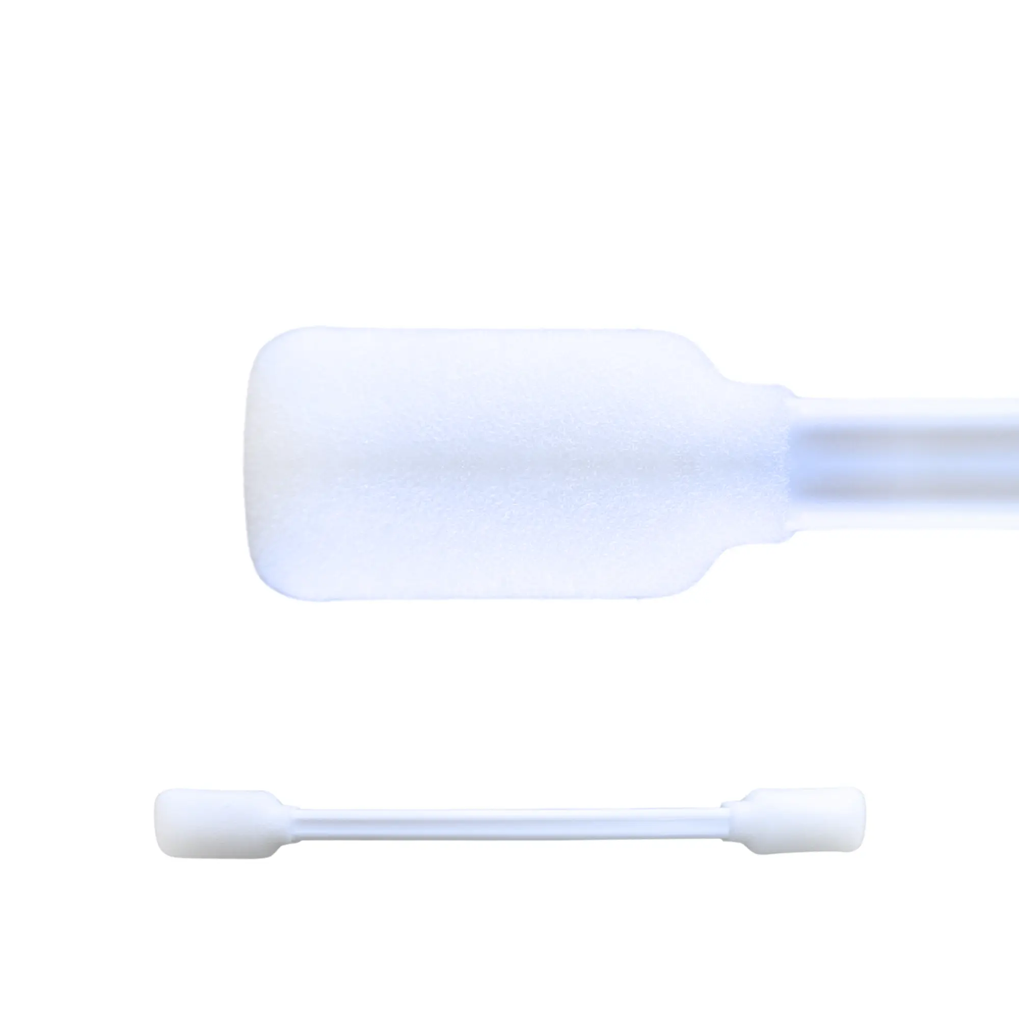 Two images of a double headed foam cleaning swabs. One close up and the other showing the entire swab on a white background.