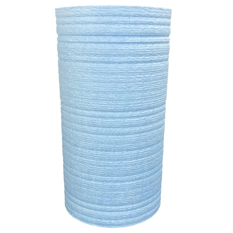 Vertically stacked blue rag roll on a plain backdrop