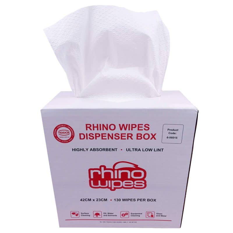 White wipes dispenser box with bold red writing and a wipe protruding from the top