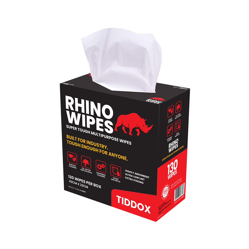 wipes dispenser box with bold WHITE AND ORANGE writing and a wipe protruding from the top