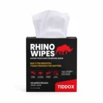 Rhino wipes dispenser box with bold WHITE AND ORANGE writing and a wipe protruding from the top
