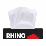 Rhino wipes dispenser box with bold WHITE AND ORANGE writing and a wipe protruding from the top