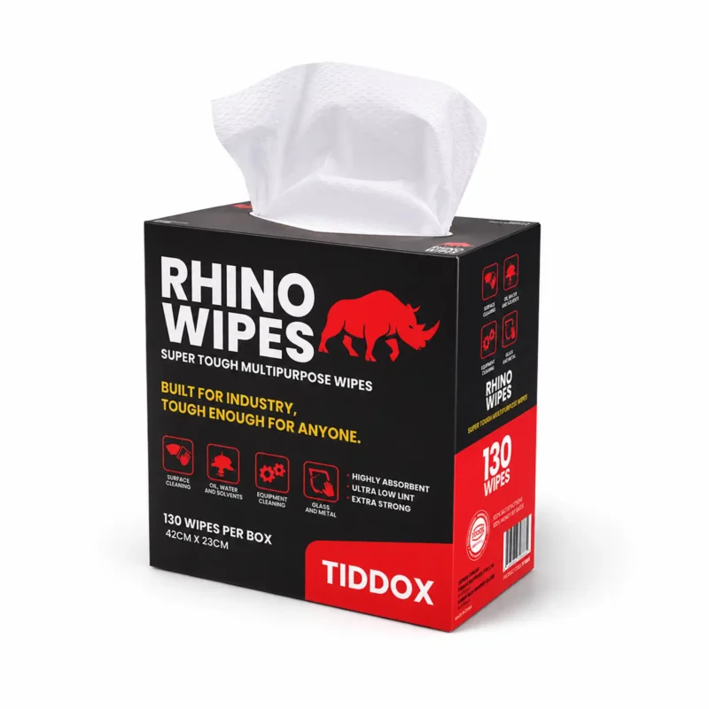 Rhino wipes dispenser box with bold WHITE AND ORANGE writing and a wipe protruding from the top