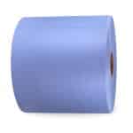 Jumbo blue roll of wipes from the side on a plain background