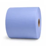 Jumbo blue roll of wipes from the side on a plain background