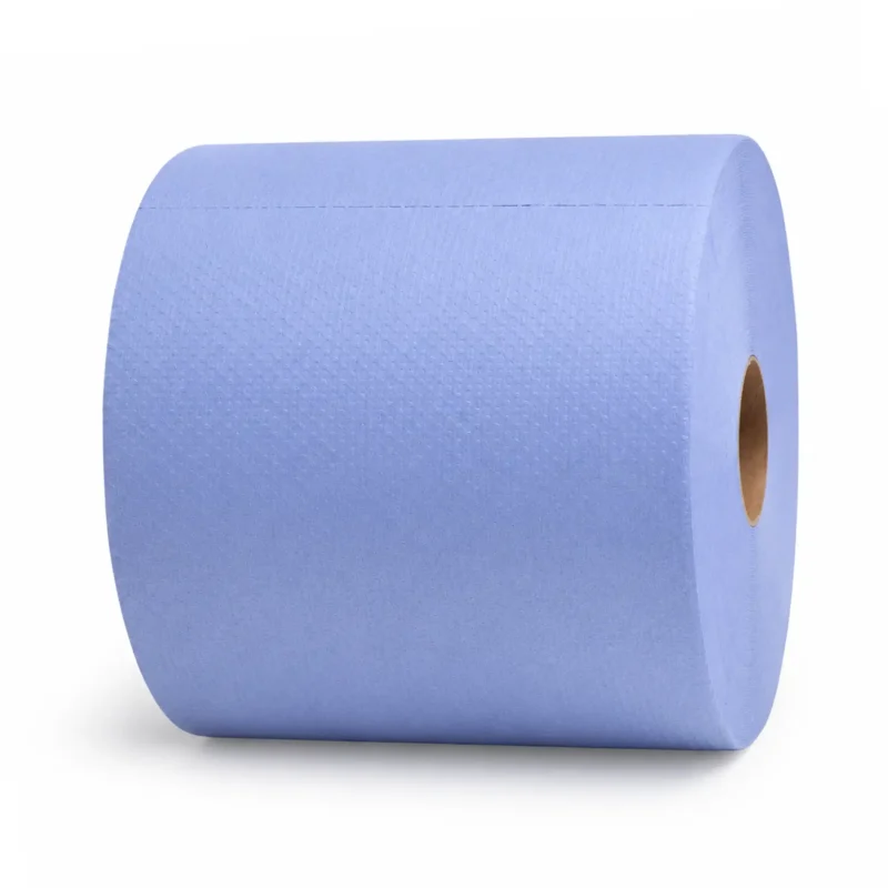 Jumbo blue roll of wipes from the side on a plain background