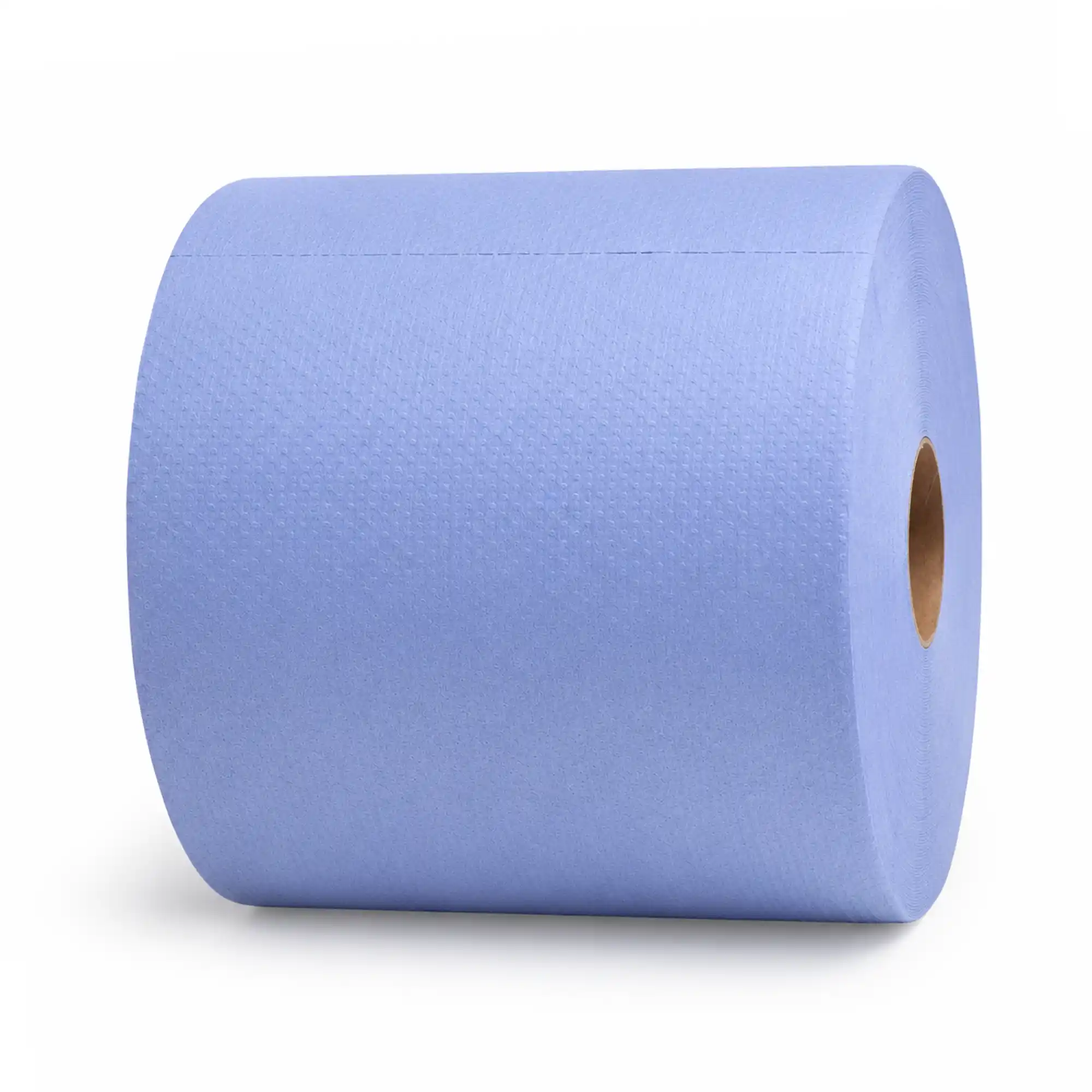 Rhino-Wipes-Jumbo-Roll-Side Jumbo blue roll of wipes from the side on a plain background
