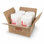 Open box with four white cleaning wipes roll wrapped in clear packaging and red writing vertically stacked