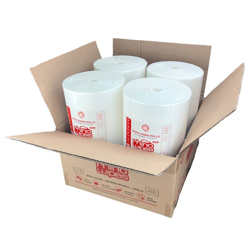 Open box with four white rolls wrapped in clear packaging and red writing vertically stacked