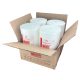 Open box with four white cleaning wipes roll wrapped in clear packaging and red writing vertically stacked